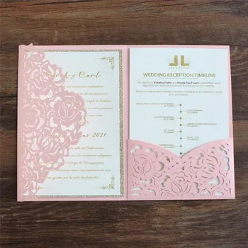 Розовое приглашение на свадьбу в три раза Розовое Карман для лазерной резки Персонализированная рамка с блестками Печать приглашений Многоцветная