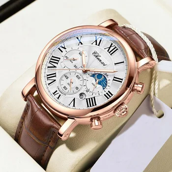 Роскошные деловые мужские часы с многофункциональным хронографом, лидирующий бренд, натуральная кожа, повседневные ретро кварцевые мужские наручные часы, подарок