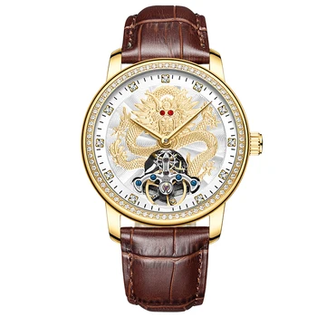 роскошные мужские часы с бриллиантами, роскошные водонепроницаемые мужские автоматические механические часы, полые кожаные часы