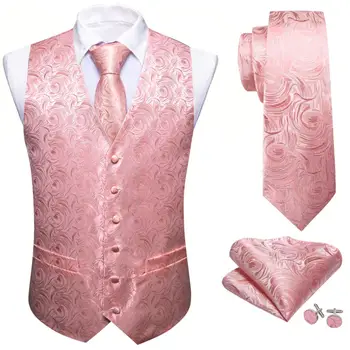 Роскошный шелковый жилет с розовым цветком для мужчин, Приталенный жилет, галстук-носовой платок, Набор Запонок, Свадебная деловая куртка без рукавов Barry Wang