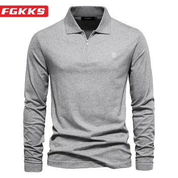 Рубашка поло FGKKS 2023 для отдыха на открытом воздухе, мужской однотонный топ с V-образным вырезом и длинным рукавом, высококачественный дизайн, продажа рубашек поло Для мужчин