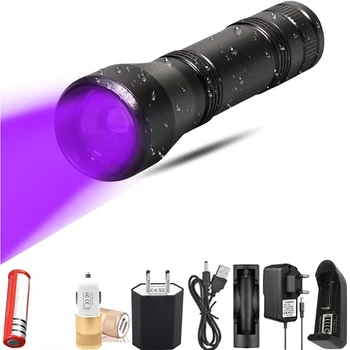 Светодиодный УФ-фонарик 18650 395нм Ультрафиолетовый фонарик T6 Фиолетовый Свет Перезаряжаемый Зум Черный Свет Детектор Пятен Мочи домашних животных