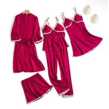 Сексуальный пижамный комплект, женская пижама, удобные дышащие костюмы для домашнего обслуживания пижама Женская пижама из 5 предметов, шелковая атласная пижама для сна