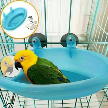 Тазик для купания птичек Подвесная Полупрозрачная пластиковая миска для кормления Тазик для купания птиц с зеркалом Аксессуары для клетки для домашних животных