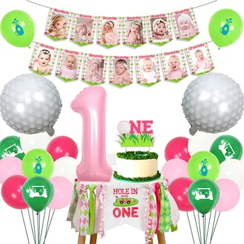 Украшения для вечеринки в честь дня рождения с отверстием для девочек, Гольф, спортивные принадлежности для вечеринки в честь 1-го дня рождения, Стульчик для кормления, Фото-баннер, Розово-зеленые воздушные шары