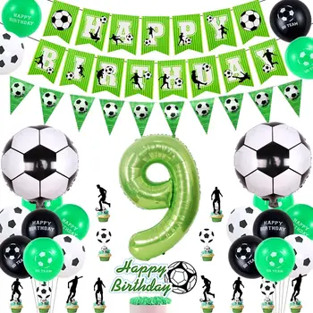 Футбольные Украшения для Вечеринки по случаю Дня рождения, Баннер с зеленой Овсянкой для мальчиков, Футбольные воздушные шары, Топперы для торта на футбольную тему, Принадлежности для 9-го Дня рождения