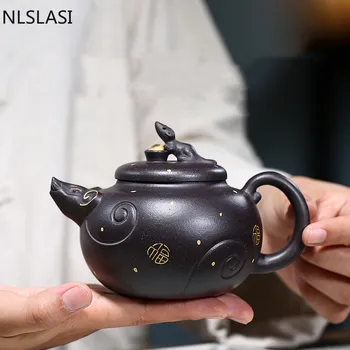 Чайник Исин ручной работы с фиолетовым глиняным фильтром, чайники, косметический чайник, необработанная руда, черный золотой песок, чайный набор на заказ, аутентичная чайная посуда 300 мл
