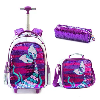 Школьная сумка на колесиках с блестками, рюкзак на колесиках, набор для ланча, школьная сумка на колесиках, студенческая школьная тележка, сумка-рюкзак для девочек