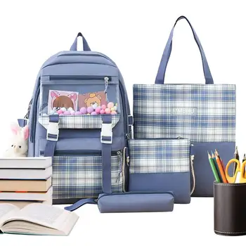 Школьный рюкзак, комбинированный набор, Школьный эстетический рюкзак для студентов, 4 шт., Школьный рюкзак с подвеской в виде кролика, вмещающий книги, ручки, закуски
