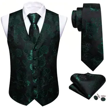 Элегантный шелковый мужской жилет, черный, зеленый, цветочный, приталенный жилет, комплект галстуков, официальная деловая куртка без рукавов Barry Wang