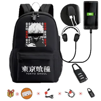Японское Аниме Токийский Гуль Водонепроницаемые Сумки Для Книг Рюкзак для ноутбука Дорожный USB Школьный рюкзак Большой Емкости Mochila Для студента